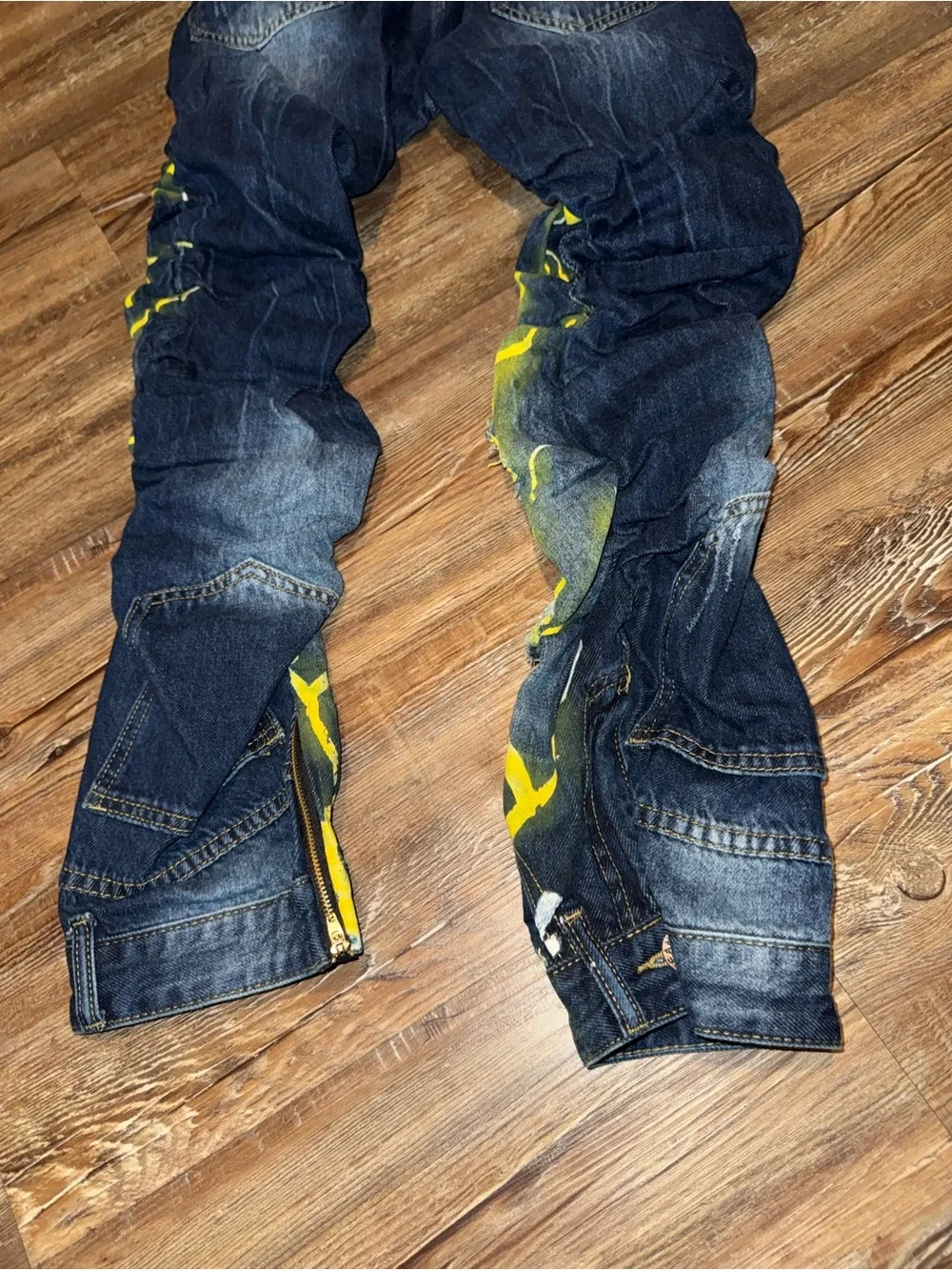 Men's Dark Wash Jeans with Yellow Lightning Graphic